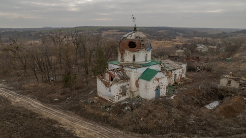 A heavily damaged church, which was used by Russian troops as a makeshift hospital, in the village of Mala Komyshuvakha, Kharkiv