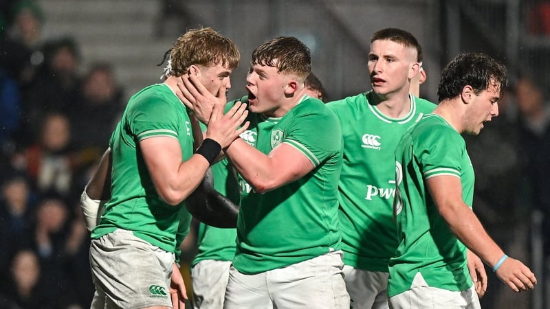 Ireland celebrate Hugh Gavin's try just before half-time