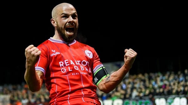 Mark Coyle celebrates Shelbourne's opening goal at Tolka Park