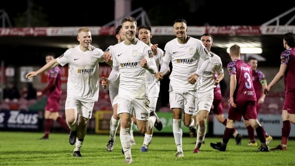 Dylan Hand celebrates with his Athlone Town team-mates during the six-goal thriller in Cobh
