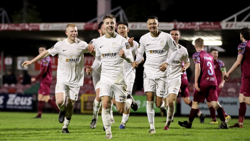 Dylan Hand celebrates with his Athlone Town team-mates during the six-goal thriller in Cobh