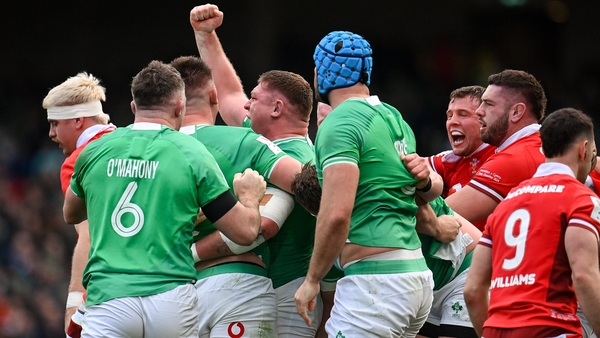Ireland players celebrate a Tadhg Furlong try in last year's Six Nations clash