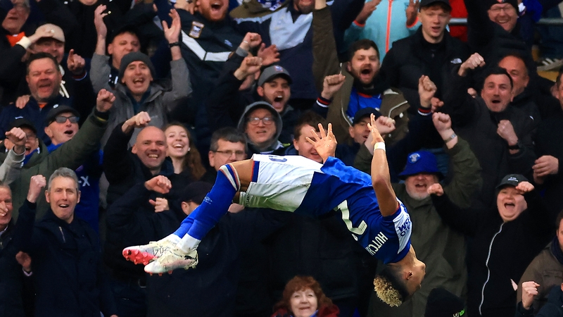Jeremy Sarmiento celebrates scoring Ipswich Town's third goal
