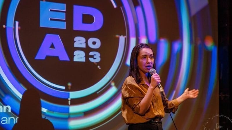 Comedian and filmmaker Hannah Mammalis at the 2023 Emerging Director Awards ceremony