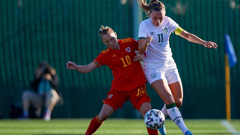 Ireland's Katie McCabe (R) and Jess Fishlock of Wales battle for the ball during the sides' last meeting, a Pinatar Cup third-place play-off Ireland won 1-0