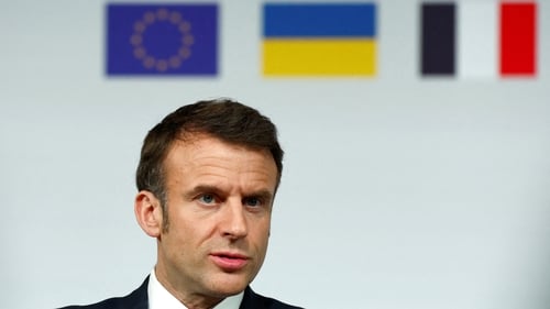 French President Emmanuel Macron speaking at a conference in Paris aimed at strengthening Western support for Ukraine
