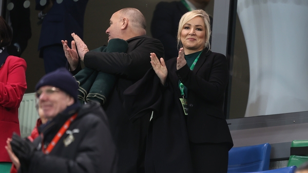 Michelle O'Neill stood for the singing of the British national anthem just before kick-off in the UEFA Women's Nations League play-off between Northern Ireland and Montenegro