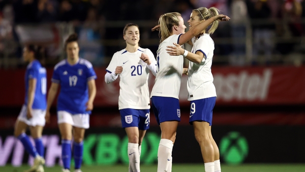 Lauren Hemp and Rachel Daly celebrate after the latter scores in their 5-1 win over Italy