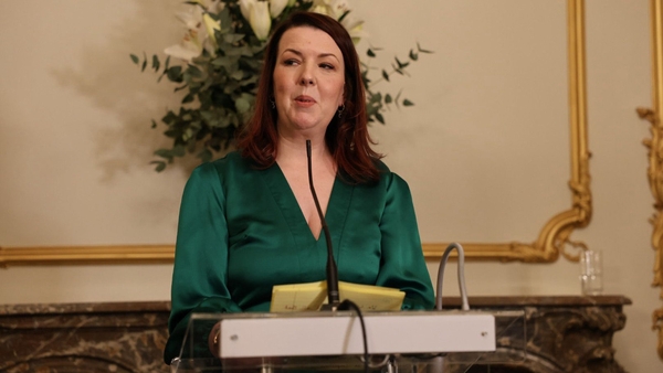 Lisa McGee speaking this evening after receiving her award (Image: Irish Embassy in London)