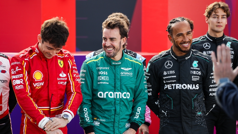 Charles Leclerc (l) and Lewis Hamilton will be Ferrari team-mates after 2024, while veteran Fernando Alonso (c) will be a part of the rumour mill and there is plenty of speculation about who will partner George Russell (top right) at Mercedes