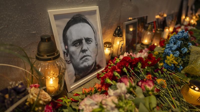 A memorial to Alexei Navalny outside the Russian embassy in Warsaw