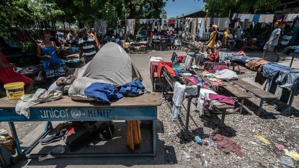 The forecourt of a former school turned into a camp for people displaced by rising gang violence in Port-au-Prince, Haiti