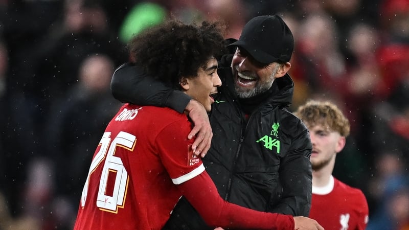 Jurgen Klopp celebrates with young forward Jayden Danns who was on target against Southampton