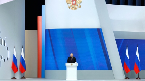 Vladimir Putin delivers his annual state of the nation address at the Gostiny Dvor conference centre in central Moscow