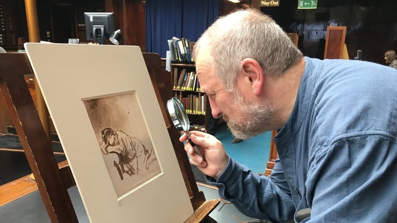 Ed Sheeran's father, John Sheeran, studying Rembrandt's Young Woman Sleeping at the British Museum, London