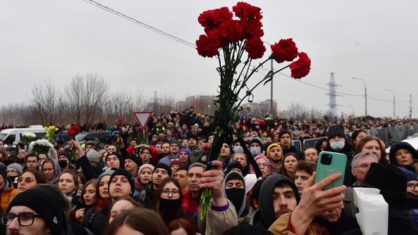 Mourners seen attending the funeral ceremony for Alexei Navalny at the Borisovo cemetery