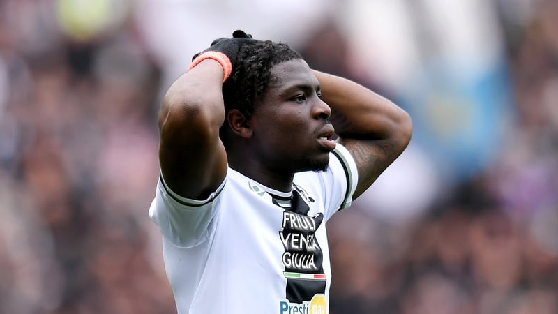 Festy Ebosele reacts after being sent off in Udinese's draw with Salernitana