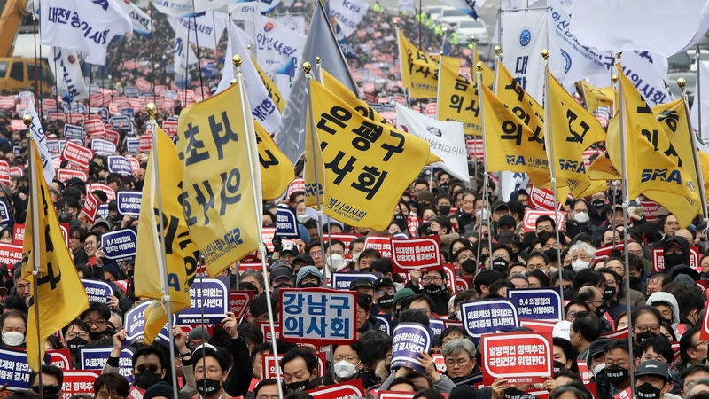 South Korean doctors participate in a rally against the government's medical policy