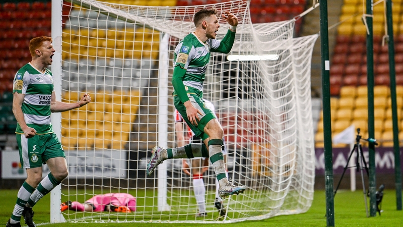 Markus Poom celebrates his late equaliser as Shamrock Rovers fought back for a point against Derry City