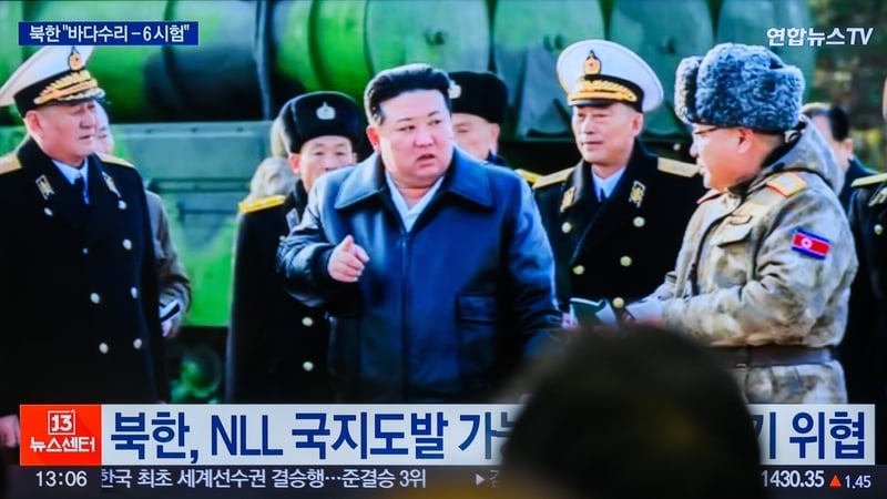 A TV at a railway station in Seoul shows Kim Jong-un inspecting the test-firing of a new surface-to-sea missile last month