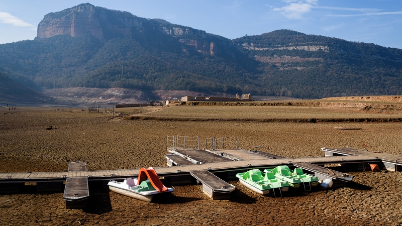 Pedal boats on dry soil at the Sau water reservoir in Catalonia