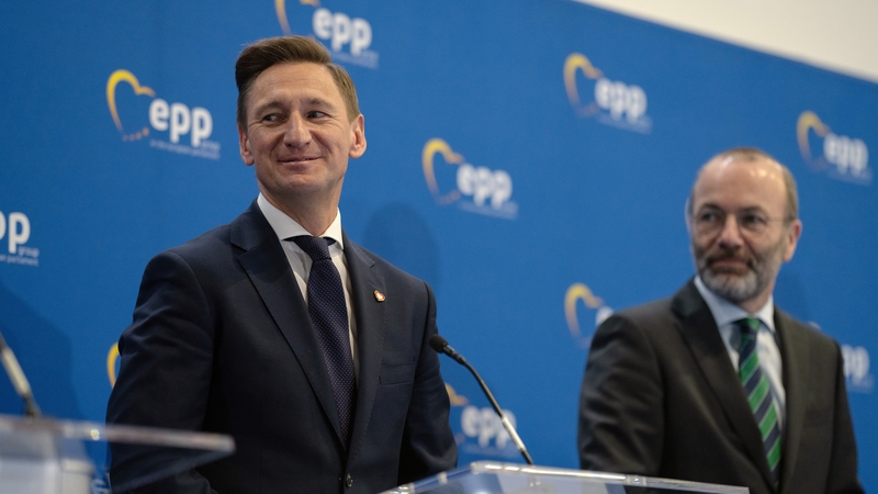 Manfred Weber, Chairman of EPP group (R) and Olgierd Geblewicz, President of the EPP Group in the European Committee of the Regions and President of West Pomerania Region speak at a press conference in Bucharest