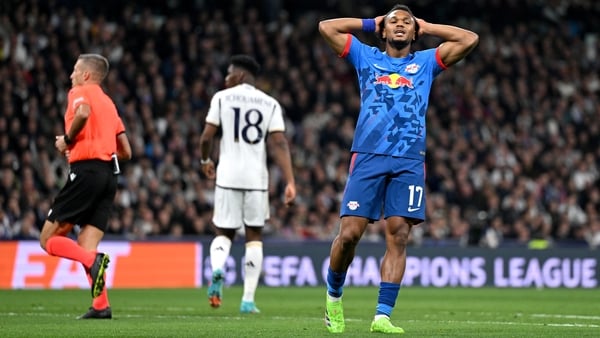 Lois Openda reacts after missing a chance for RB Leipzig