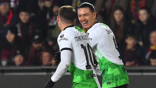 Liverpool's Alexis Mac Allister celebrates his first-half penalty against Sparta Prague with Darwin Nunez