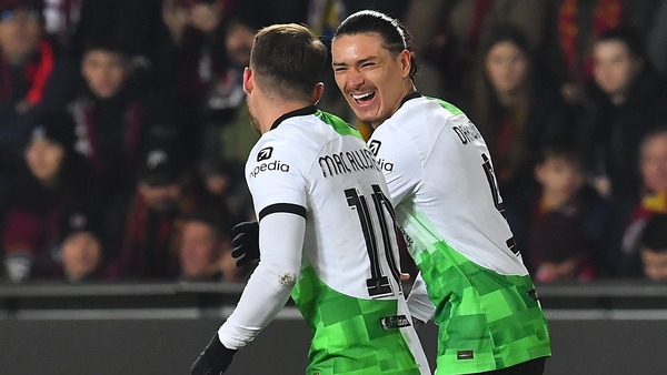 Liverpool's Alexis Mac Allister celebrates his first-half penalty against Sparta Prague with Darwin Nunez