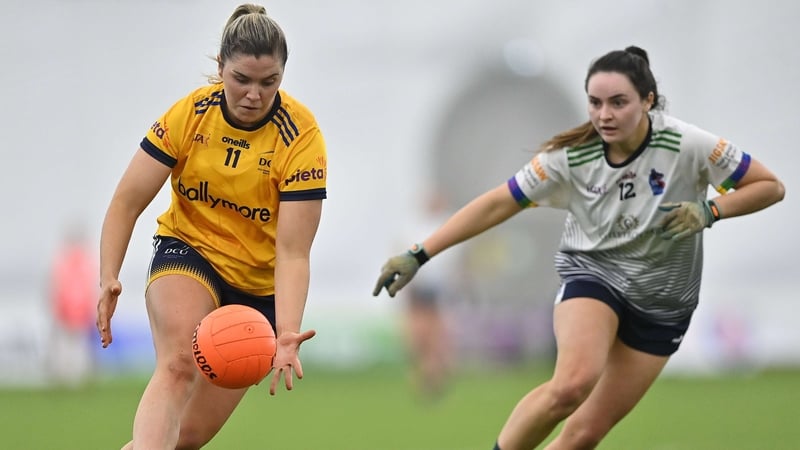 Aoife O'Rourke (right) of University of Limerick in action against Maria Reilly of DCU Dóchas Éireann during the 2023 Yoplait Ladies HEC O'Connor Cup Final match