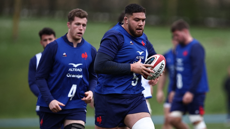 Emmanuel Meafou (R) takes part in a training session with the lock in line for a maiden cap