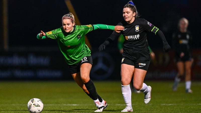 Peamount and Ireland's Erin McLaughlin in action against Laurie Ryan of Athlone Town