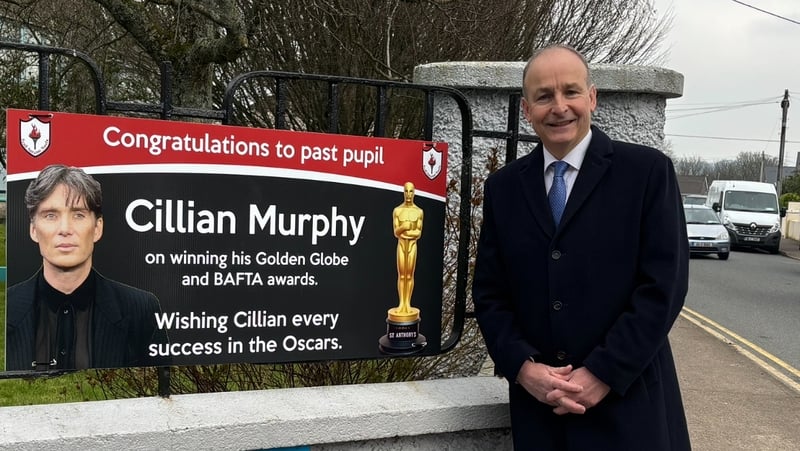 Micheál Martin at entrance of Sr Anthony's NS in Ballinlough