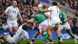 Tadhg Furlong is tackled by George Martin, Sam Underhill and Ellis Genge