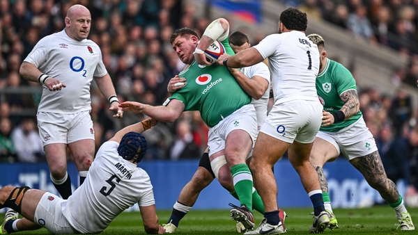Tadhg Furlong is tackled by George Martin, Sam Underhill and Ellis Genge