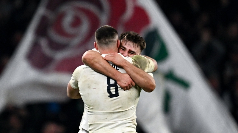 Ben Earl embraces Theo Dan after England's victory