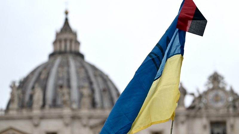 A Ukrainian flag pictured in St Peter's square as Pope Francis addressed the crowd during his Sunday Angelus prayer