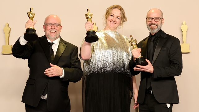 Mark Coulier, Nadia Stacey, and Josh Weston, winners of the Best Makeup and Hairstyling award for Poor Things