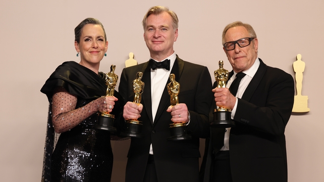 Emma Thomas, Christopher Nolan and Charles Roven, winners of the Best Picture award for Oppenheimer