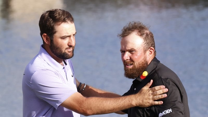 Scottie Scheffler talks with Shane Lowry after winning the Arnold Palmer Invitational