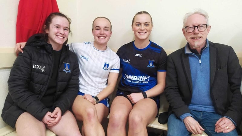 Monaghan Senior Ladies Football players (L-R) Amy Garland, Maeve Monaghan, and Jennifer Duffy with Vincent Woods