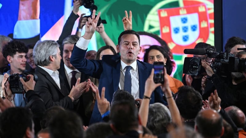 Democratic Alliance (AD) leader Luis Montenegro celebrating his party's election win