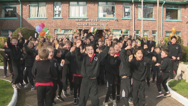 Pupils at St Anthony's National School celebrating Cillian Murphy's Oscar success