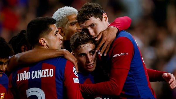 Barcelona's Fermin Lopez is congratulated team-mates after scoring against Napoli