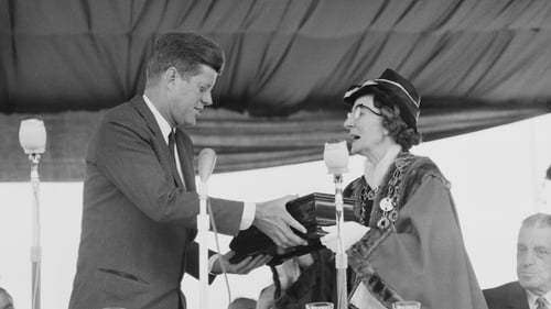 US president John F. Kennedy with Frances Condell, the first woman Mayor of Limerick, at Greenpark Race Course in Limerick during his visit to Ireland in June 1963. Photo: Getty Images