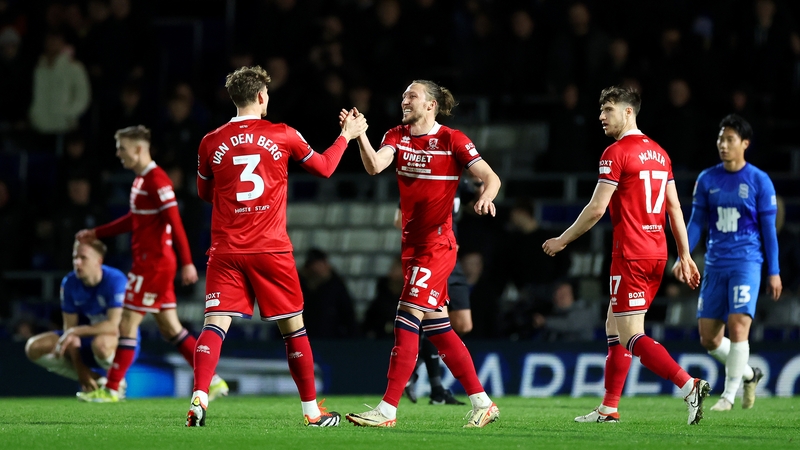 Middlesbrough's Rav van den Berg and Luke Ayling celebrate Riley McGree's goal against Birmingham City