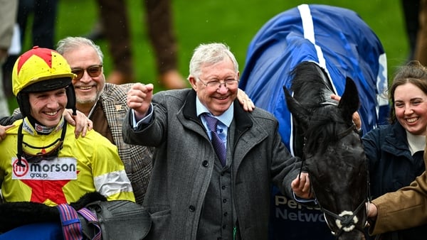 Co-owner Alex Ferguson celebrates the victory of Monmiral in the Pertemps