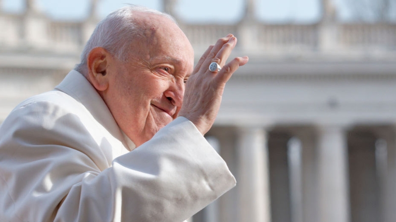 Pope Francis greeting pilgrims in St Peter's Square yesterday