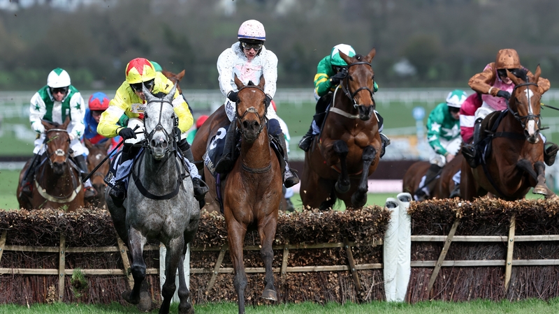 Absurde, middle of shot, in pink colours powered to victory in the County Hurdle