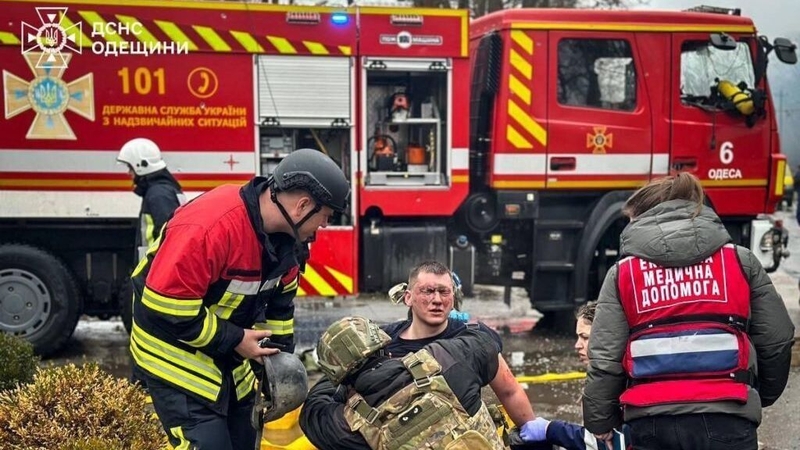 Rescue team officials injured as they conduct search and rescue operations after the Russian attack in Odessa